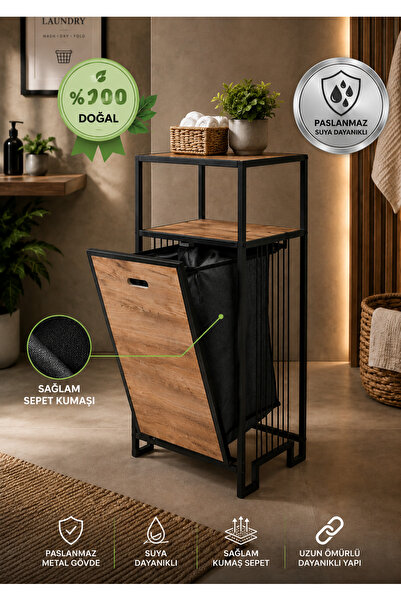 boz concept home 2 Raflı Metal Gövdeli Ahşap Raflı Kapaklı Kirli Sepeti Çamaş...