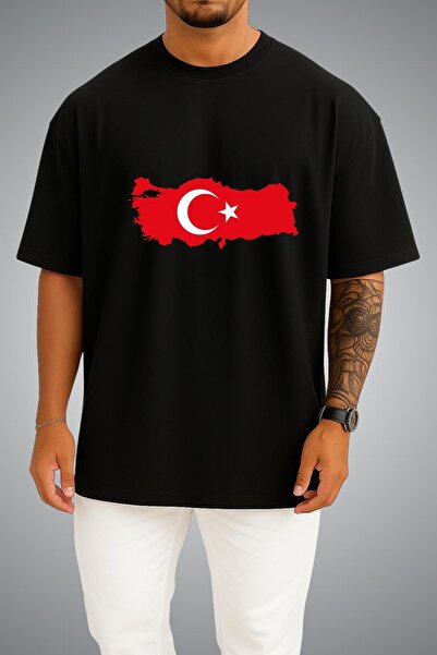 Bahriyeli Collection Oversize Turkish Flag and Map Chest Printed Unisex T-Shirt
