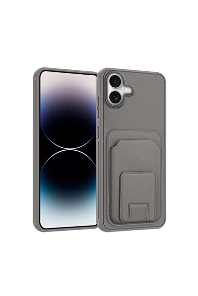 Zebana Apple iPhone 16 Plus Uyumlu Kılıf FlexStand Kartlıklı Silikon Kılıf Gri