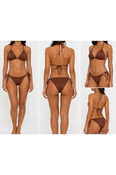Genel Markalar Kadın Boyundan Bağcıklı Kiremit Rengi Üçgen Şık Bikini Takımı