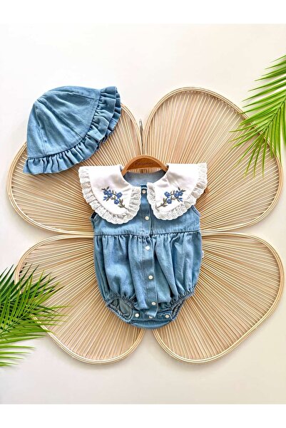 Puro Cotone Baby Girl Floral Embroidered Ruffle Hat Summer Denim Overalls