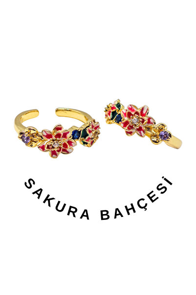 Duiwerlis Women's Design Enamel Sakura Flower Stone Ring Hand-Painted Adjusta...