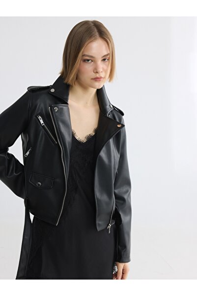 LC Waikiki Black Shirt Collar Women's Leather Look Jacket W63706B8