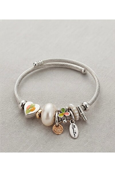 VLDORO Steel Charm Bracelet with Pearl and Enamel Flower Detail