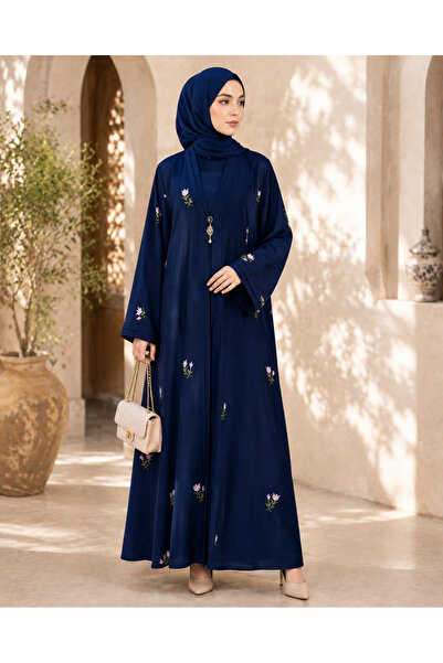 Generic Women's Premium Navy Blue Floral Embroidered Open Abaya Set with Matc...