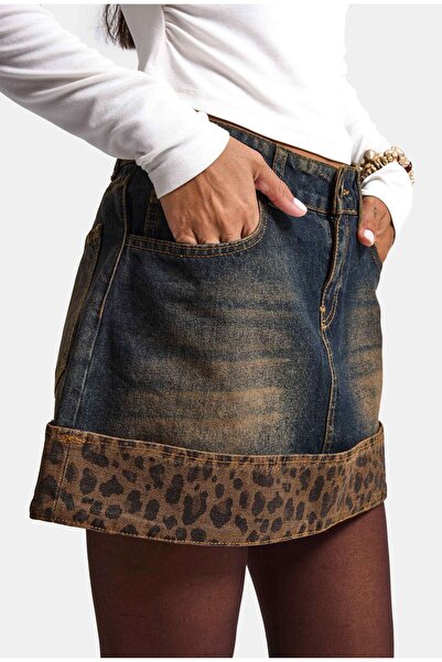 it's basic Kadın Koyu Kot 2w6-8 Straight Leopar Detaylı Tasarım denim Etek
