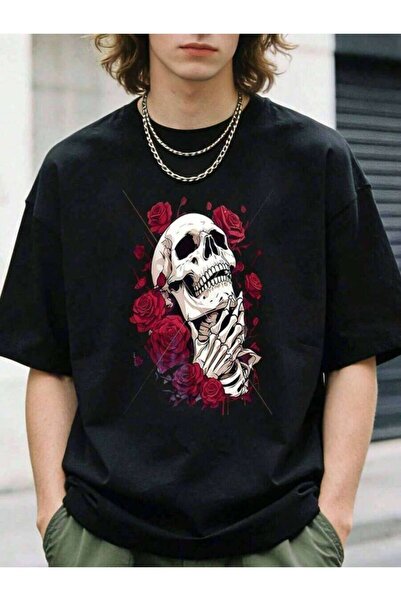 LİNA06 1pc Halloween Mens Clothes Skull Roses Print Black TShirt, Unisex Casu...