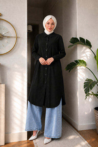 Tesettür Diyarı Meky Tansel Fabric Buttoned Long Plus Size Hijab Tunic - Black
