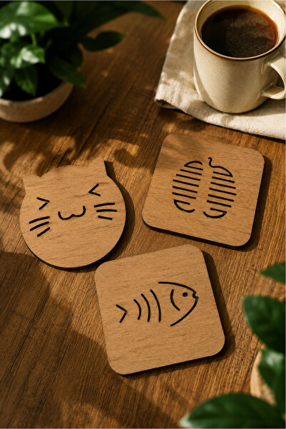 kalides Set of 3 Wooden Coasters – Decorative Coffee & Tea Coasters with Cat,...