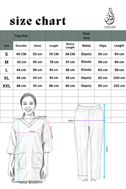 ABSHIR Housemaid/Khadama/Nanny/Babysitter SET Uniform Set, ZIPPER NECK with 3/4 Sleeves and Trousers, with Front Pockets COTTON