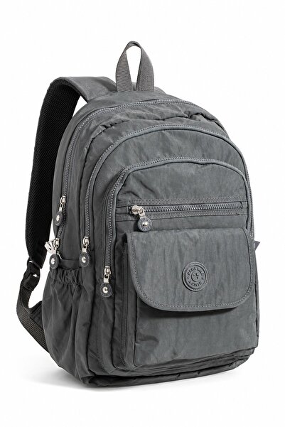 Paul Brand Unisex Velora Günlük Kullanıma Uygun Çok Bölmeli Geniş Hacimli Krinkıl Kumaş Gri Sırt Çantası Okul Boy