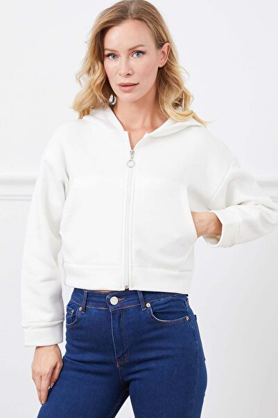 Fulla Moda Zippered Hooded Crop Sweatshirt