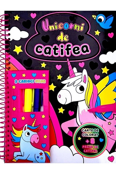 Flamingo Unicorni de catifea. Carte de colorat + 3 carioci neon