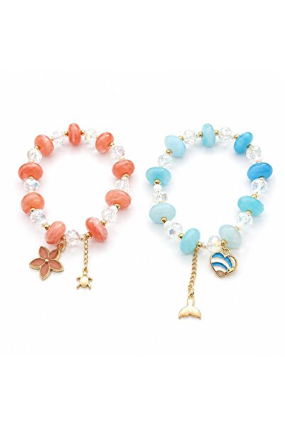 Ceyyiz Beaded Charm Bracelet with Coral and Blue Tones and Dangling Figure De...