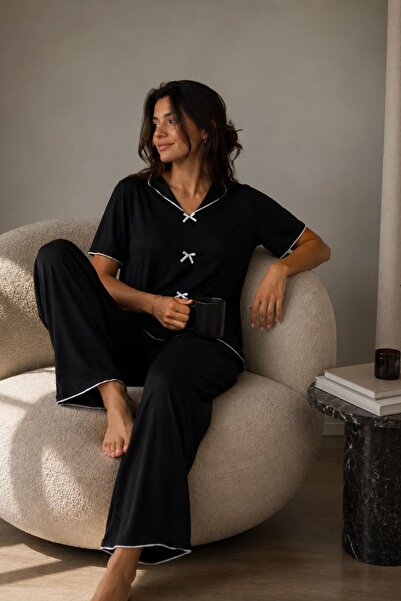 NEEWSTORE Cotton Black Bow Detail Transitional Pajama Set