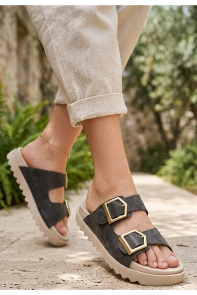 DMR Elegance Toda Gray Leather Buckle Slippers