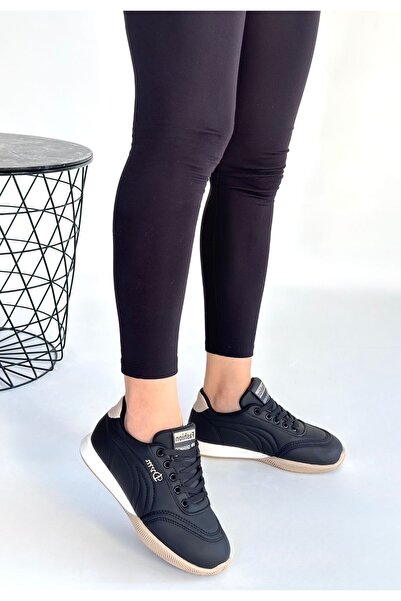 ALFA AKSESUAR 03 Tawen Black Leather Beige Sole Lace-Up Sports Shoes