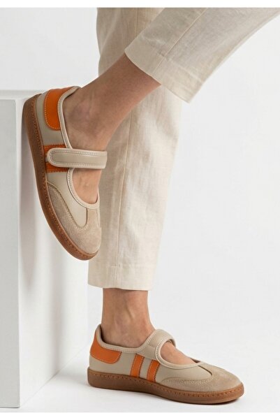 Generic Brand Menja Beige Skin Orange Detailed Velcro Ballerina Shoes