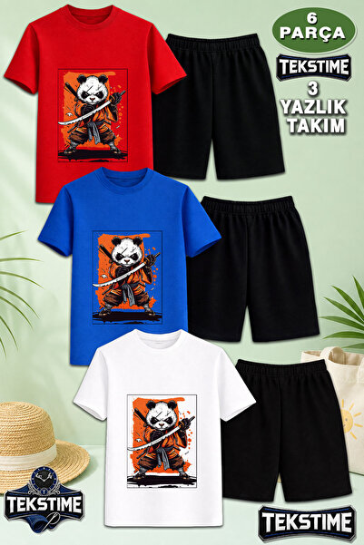 TEKSTIME Unisex Çocuk Tişört - Şort Takım Panda Ninja Kılıçlı Baskılı Bisikle...
