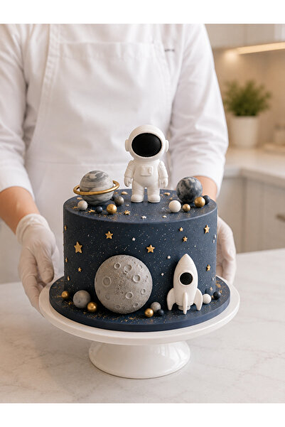 SELTA3D Astronot & Roket Figürü İkili Pasta Süsü Seti | 3D Uzay Temalı Cake T...