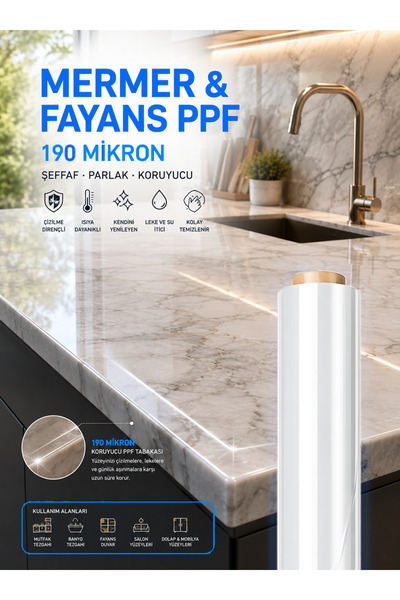Mermer & Fayans Koruma Filmi | 50 cm X 1.5 Metre | 190 Mikron| PPF Şeffaf Kendini Yenileyen Isıya Çizilmeye Dayanıklı |