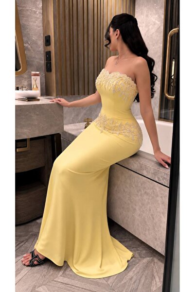 Calissa Store Yellow Corset Evening Dress with Luxurious Pearl Embellishments