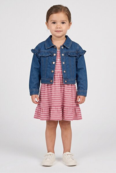 NANETTE LEPORE Toddlers Girl 2 Pcs Stripe Dress With Denim Jacket Set, Multic...