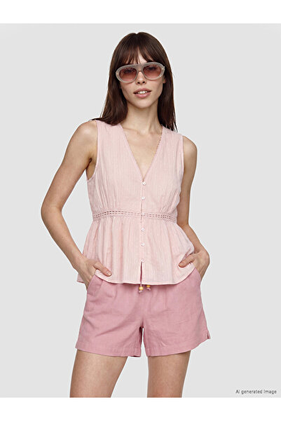 LC Waikiki V Neck Lace Detailed Ruched Blouse