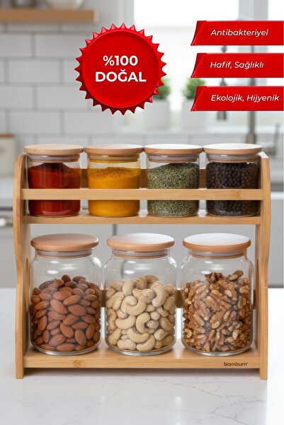 Heda Porselen 8-Piece Glass 2-Tier Spice Rack Set with Stand