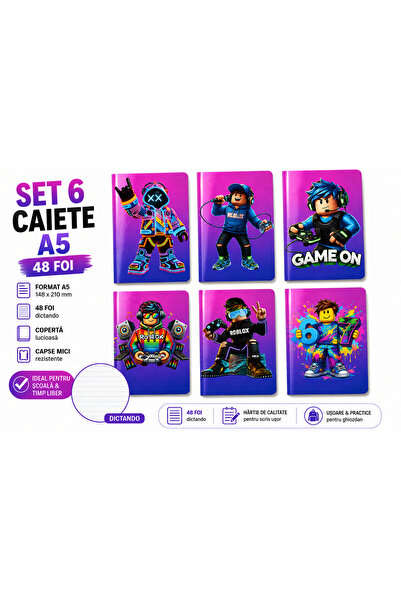 Ingift Set 6 Caiete școlare A5, Colecția ROBLOX, 48 de file, Dictando, hârtie...