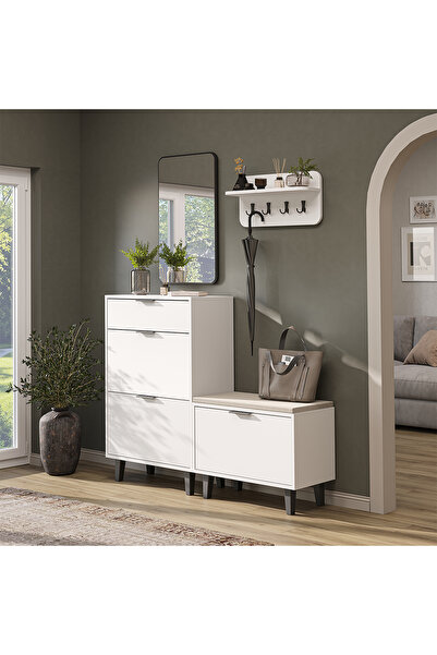 ROOMART Nord Vestiyer Takımı Kapaklı Askılıklı Ayakkabılık Dolabı, Bench, Mod...