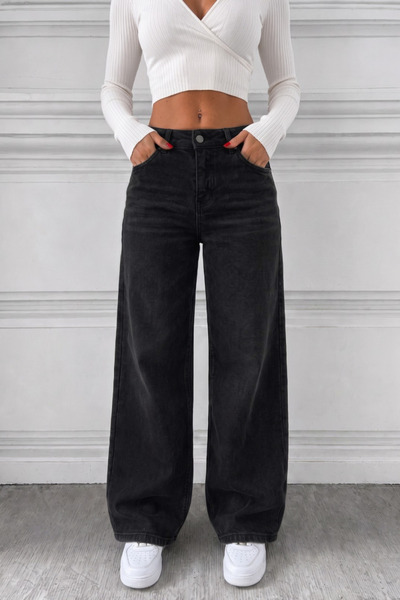 alanora Women's Washed Effect Wide Leg Cut Black Jean Trousers