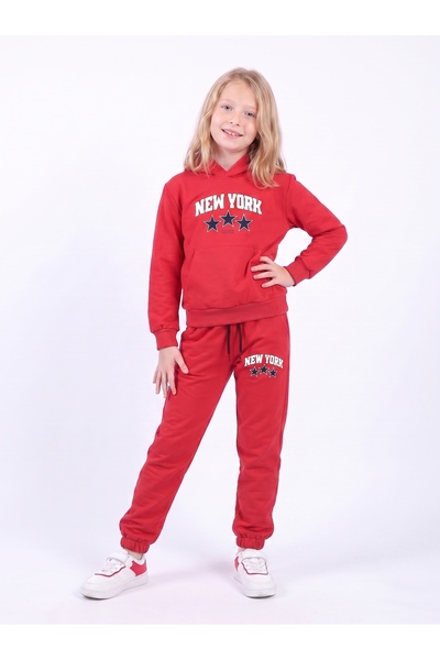 FYK KİDS Girl's Printed Kangaroo Pocket Hooded Tracksuit Set