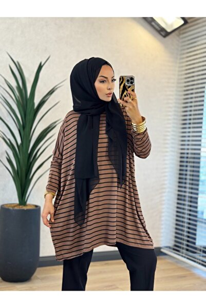 Afili 0723 Wide Striped Tunic Brown