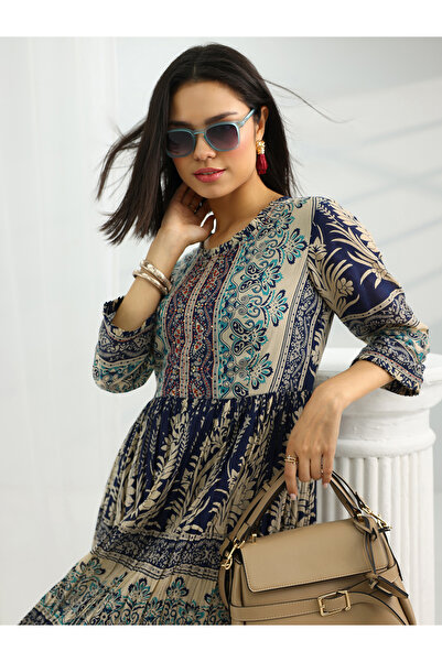 Libas By Styli Navy Blue Cotton Fit and Flare Dress