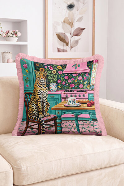 Realhomes Floral and Colorful Kitchen-Themed Fringed Cushion Cover with Leopa...