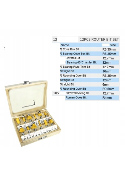 NO BRAND Freze de router pentru lemn, set 12 bucăți, tijă de 8mm, MC00206