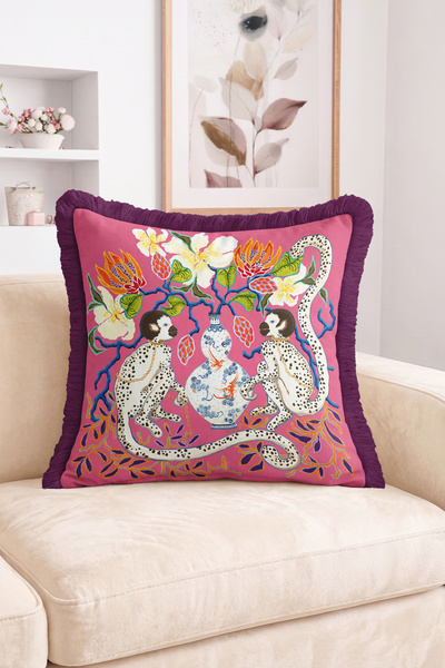 Realhomes Monkey Figured Vase and Floral Patterned Fringed Throw Pillow Cover...