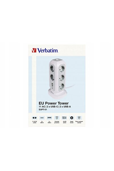 Verbatim EUPT-01 Priză multiplă tip turn UE cu 11 prize AC, 2 porturi USB și ...