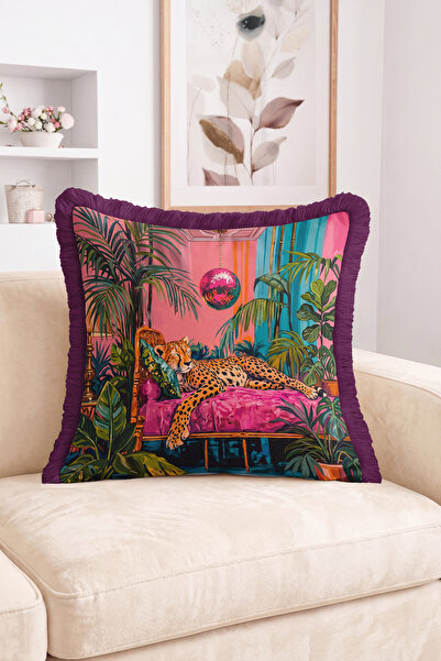 Realhomes Leopard and Tropical Leaf Pattern Fringed Throw Pillow Cover, Lying...