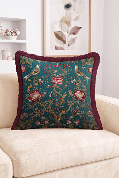 Realhomes Bird and Flower Motif Oriental Patterned Fringed Throw Pillow Cover...