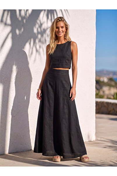 Catz Clothes Siyah Keten Maxi Etek ve Kolsuz Crop Bluz Takım