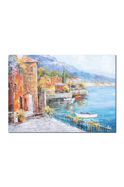 artnova Ръчно рисувана пейзажна картина на езерото Комо, Спокоен вид, 70x50см...