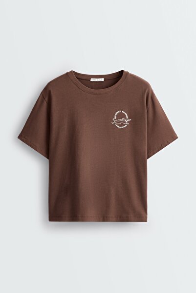 Oysho Desenli pamuk karışımlı boxy kısa kollu T-shirt