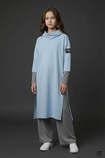Cansın Mini Blue Hooded Tunic Dress and Trousers Girls' 3-Piece Set 24746
