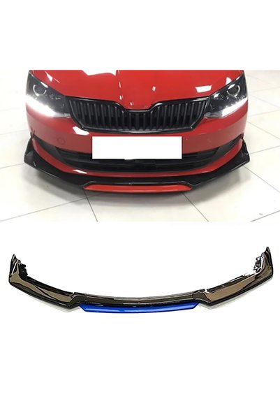HasAkman Skoda Fabia Uyumlu Mavi Renkli Şeritli Dilli Ön Lip 4 Prç Parlak Siy...