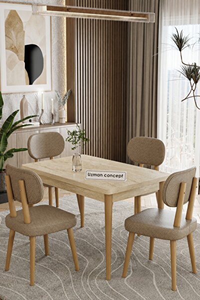 UZMHOME Traverten 4 Kişilik 70x110 Sabit Masa 4 Sandalyeli