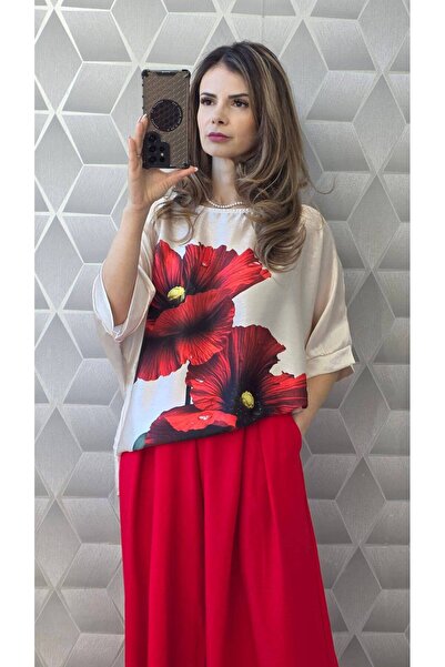 MAXORA SHOP Bluze satinate cu maneca scurta pe croi larg Jenny - Crem