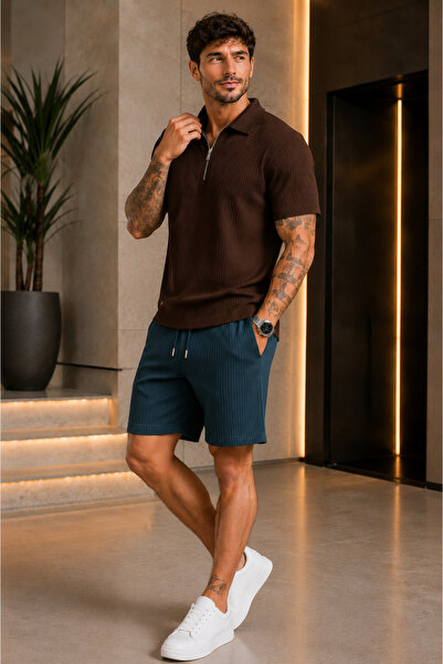 FECCY Premium Ribbed Ottoman Fabric Zipper Detailed Unisex T-Shirt and Shorts...