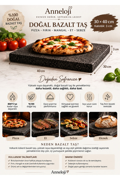 anneloji 30x40x3 cm Doğal Bazalt Pizza Taşı | Fırın, Mangal, Et ve Ekmek Pişi...